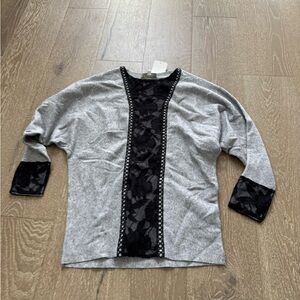 Frisson Couture Gray Knit Top with Black Lace Panel